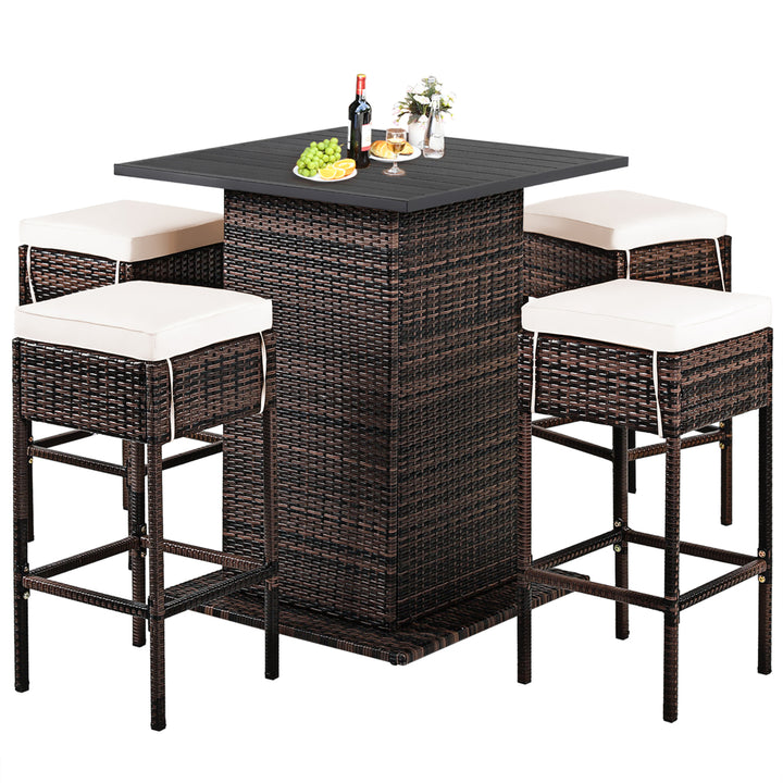 5PCS Patio Rattan Bar Table Stool Set Hidden Storage Shelf Cushioned Image 9