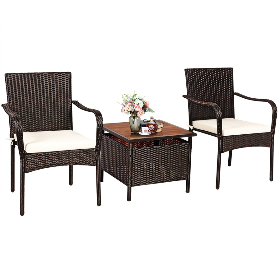 3PCS Patio Rattan Furniture Bistro Set Wood Side Table Stackable Chair Image 1