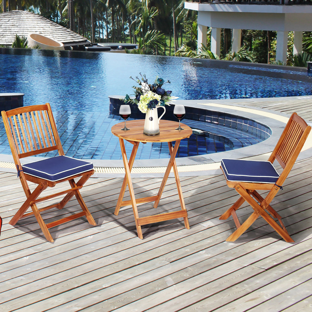 3PCS Patio Folding Wooden Bistro Set Cushioned Chair Conversation Image 1