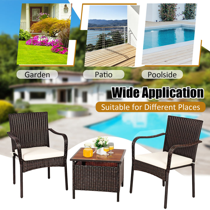 3PCS Patio Rattan Furniture Bistro Set Wood Side Table Stackable Chair Image 5