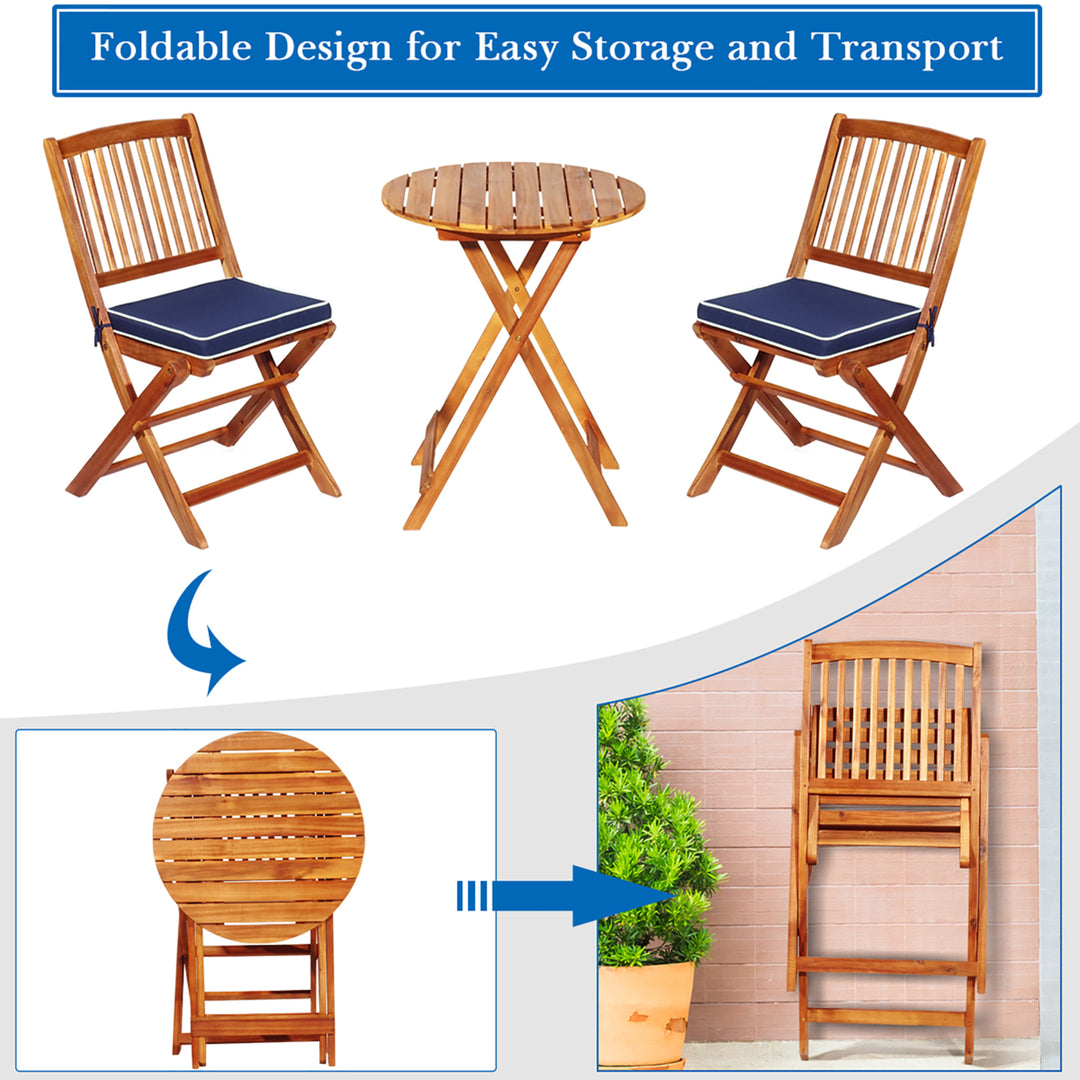 3PCS Patio Folding Wooden Bistro Set Cushioned Chair Conversation Image 6