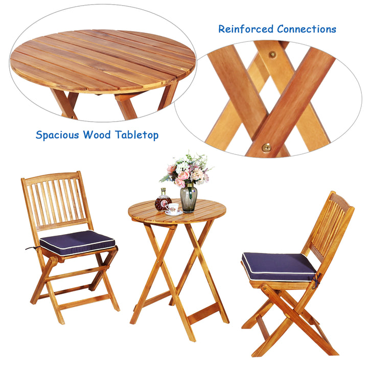 3PCS Patio Folding Wooden Bistro Set Cushioned Chair Conversation Image 8