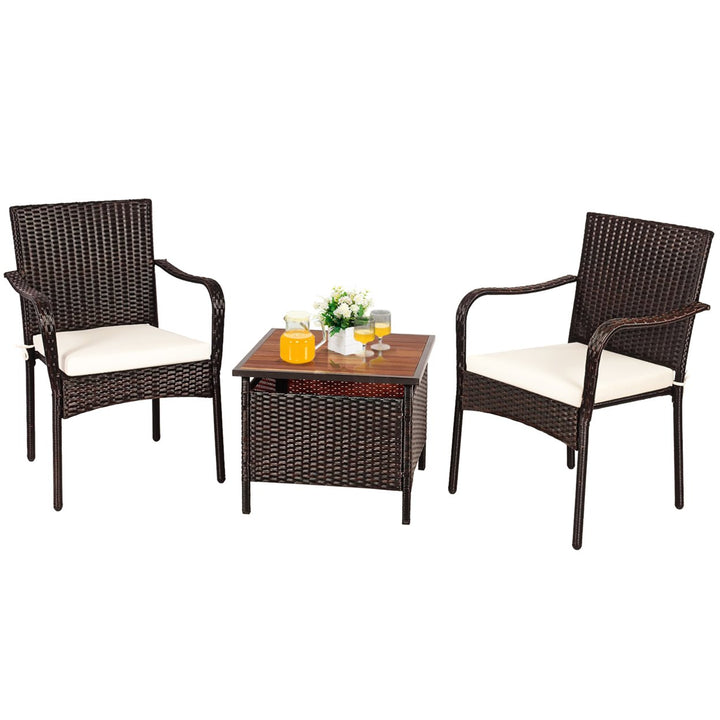 3PCS Patio Rattan Furniture Bistro Set Wood Side Table Stackable Chair Image 10