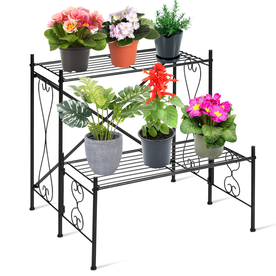 2-Tier Metal Plant Stand Garden Shelf Decorative Plant Rack Patio Garden Image 1