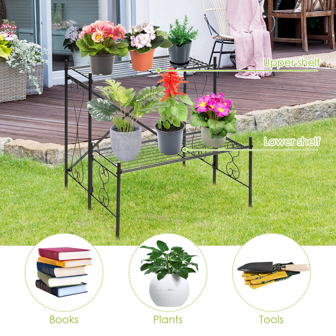 2-Tier Metal Plant Stand Garden Shelf Decorative Plant Rack Patio Garden Image 5