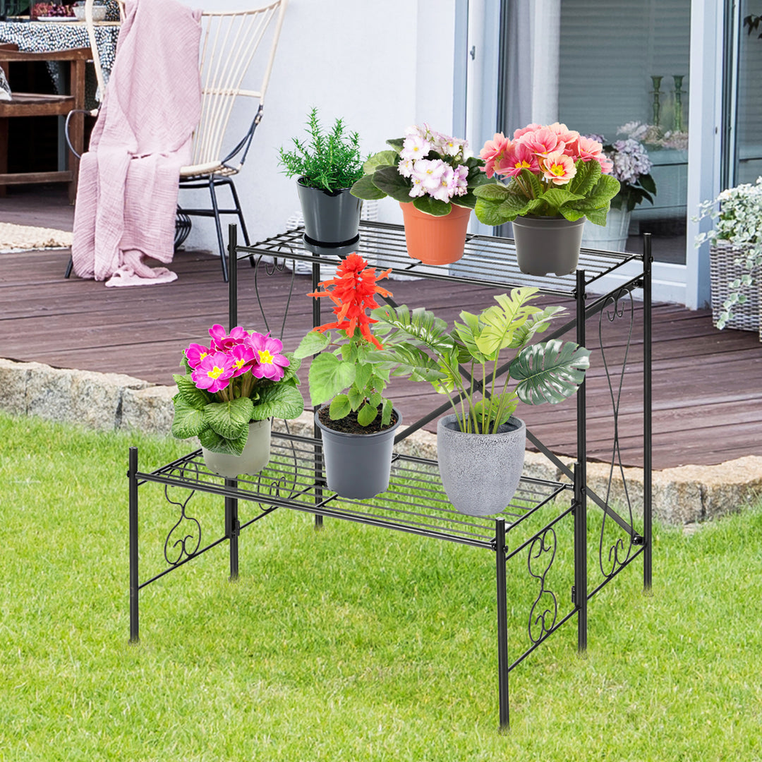 2-Tier Metal Plant Stand Garden Shelf Decorative Plant Rack Patio Garden Image 7