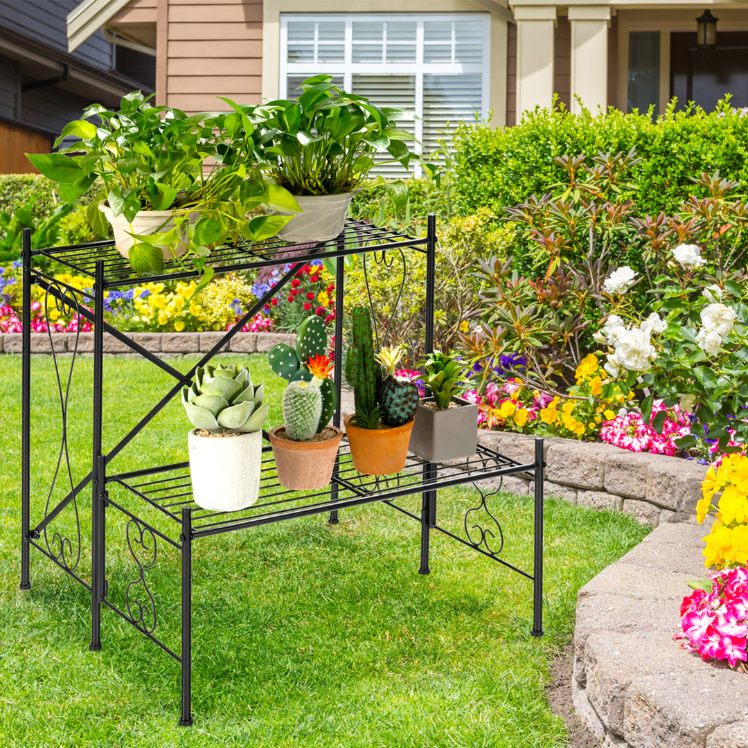 2-Tier Metal Plant Stand Garden Shelf Decorative Plant Rack Patio Garden Image 8