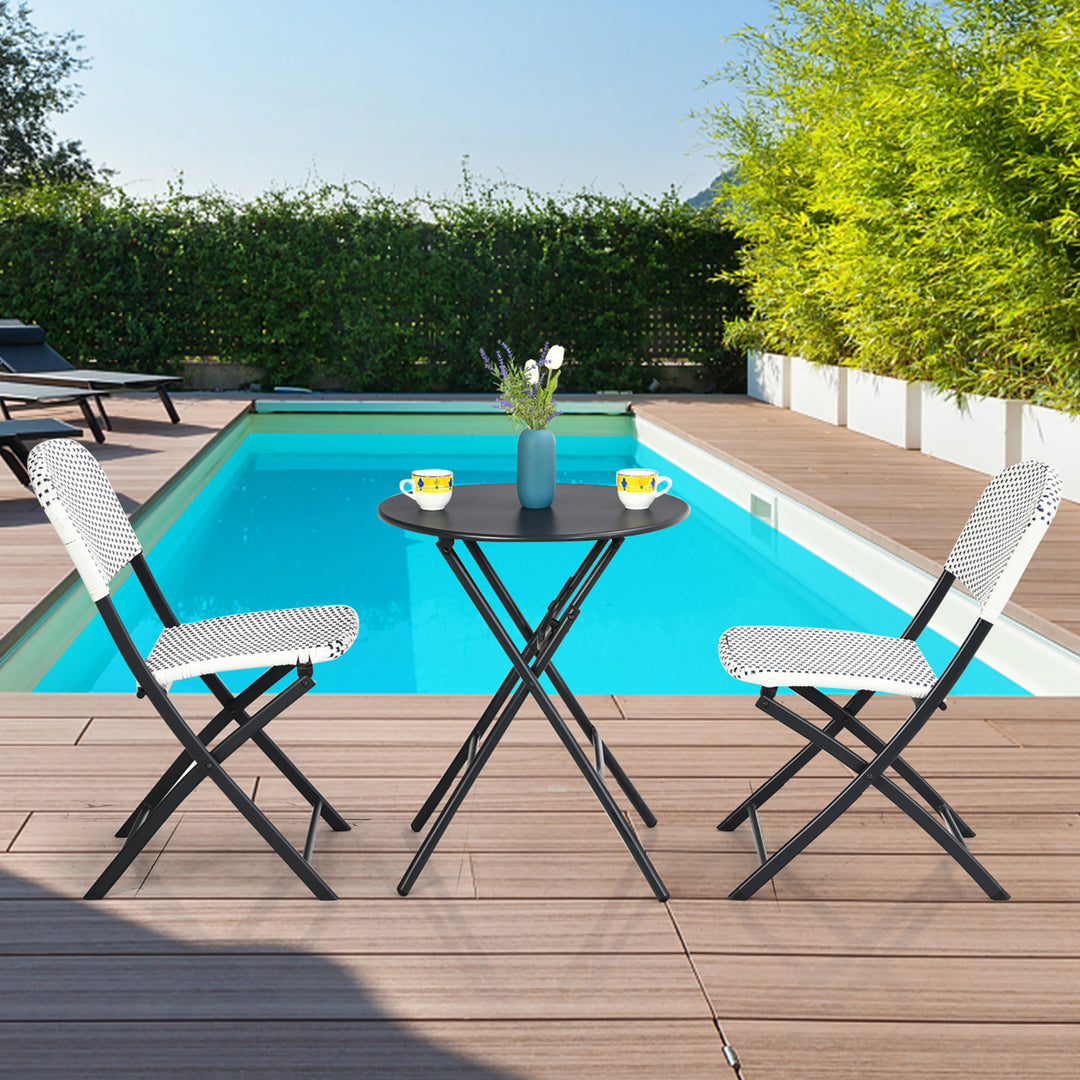 3PCS Patio Rattan Bistro Set Folding Table Chairs Garden Deck Image 5