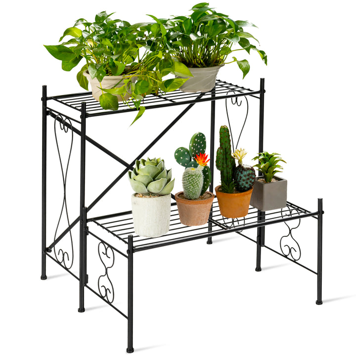 2-Tier Metal Plant Stand Garden Shelf Decorative Plant Rack Patio Garden Image 10