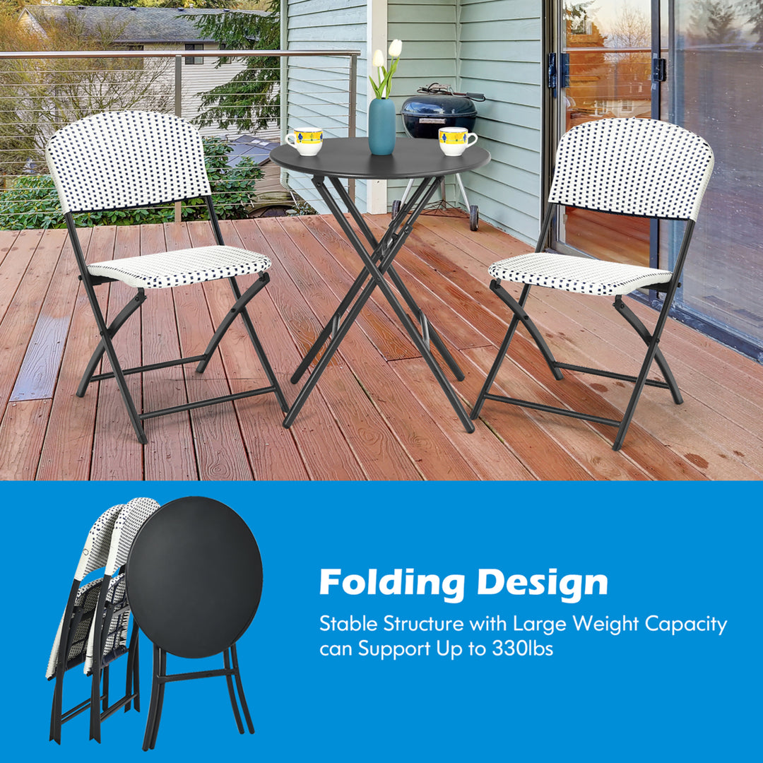 3PCS Patio Rattan Bistro Set Folding Table Chairs Garden Deck Image 10