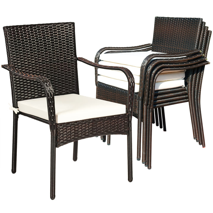 Set of 4 Patio Rattan Dining Chair Stackable Cushioned Armrest Garden Image 1