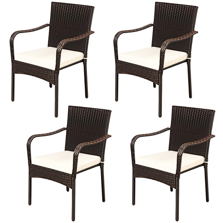 Set of 4 Patio Rattan Dining Chair Stackable Cushioned Armrest Garden Image 10