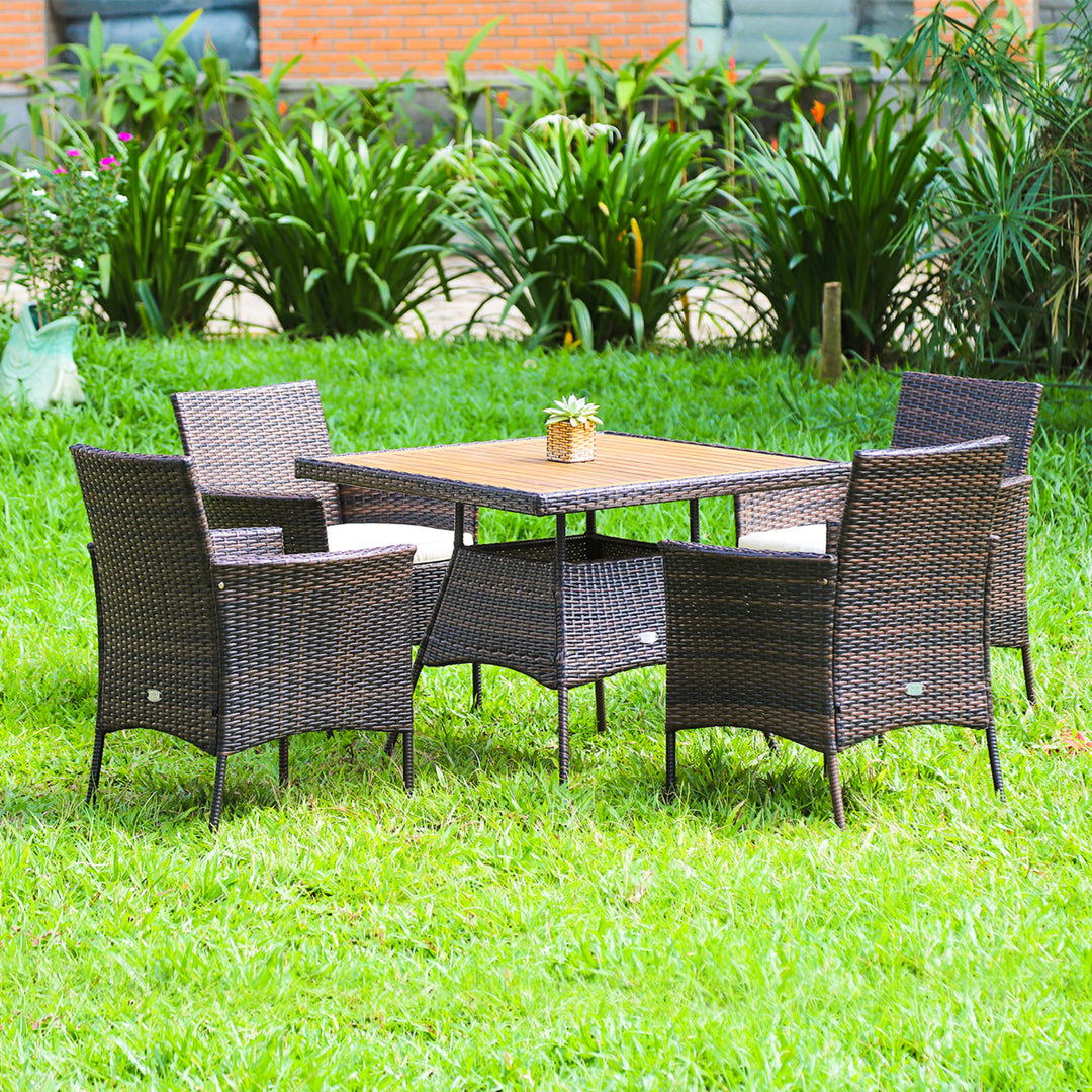 5PCS Patio Rattan Dining Furniture Set Arm Chair Wooden Table Top Image 1