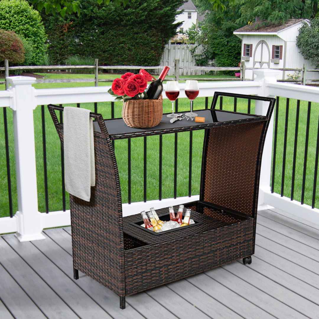 Patio Rattan Bar Serving Cart Wheels Ice Bucket Glass Top Handle Garden Image 1