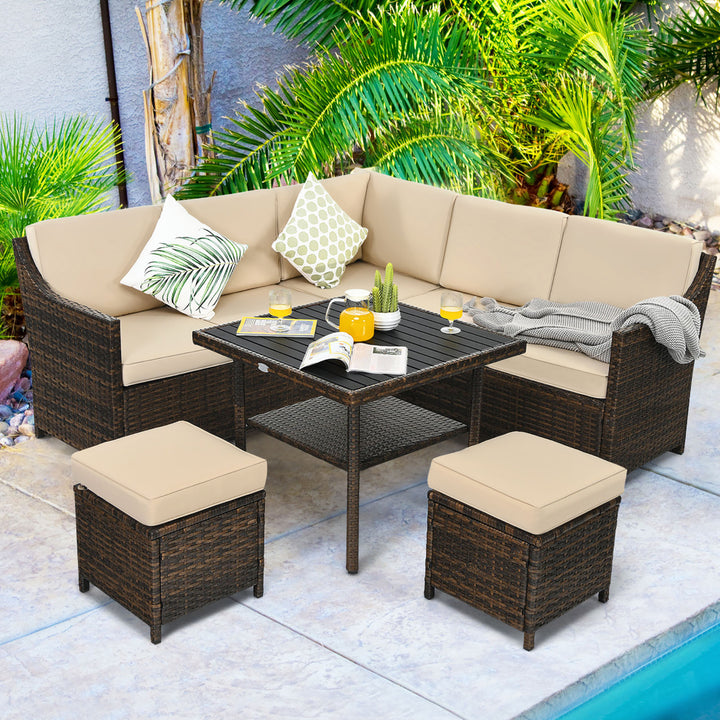 6PCS Patio Rattan Dining Sofa Furniture Set Ottoman Table Lower Shelf Image 1