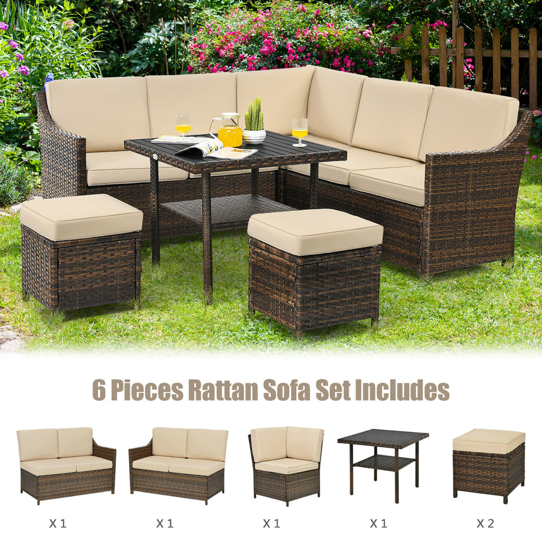 6PCS Patio Rattan Dining Sofa Furniture Set Ottoman Table Lower Shelf Image 7