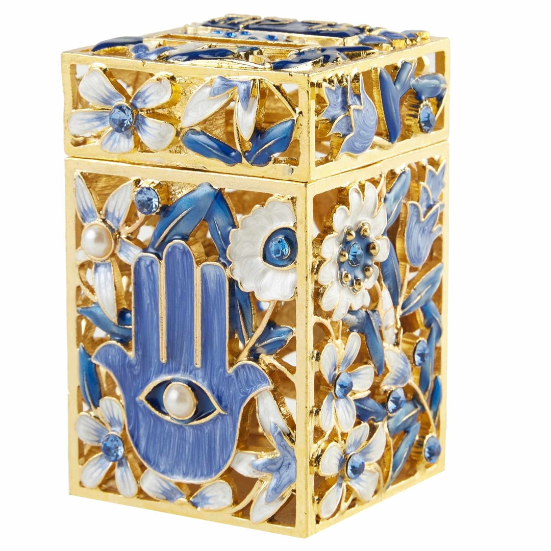 Matashi Hand-Painted Enamel Tzedakah Charity Box Keepsake Treasure Box w/ Crystals and Hamsa Protects Against Evil Eye Image 1