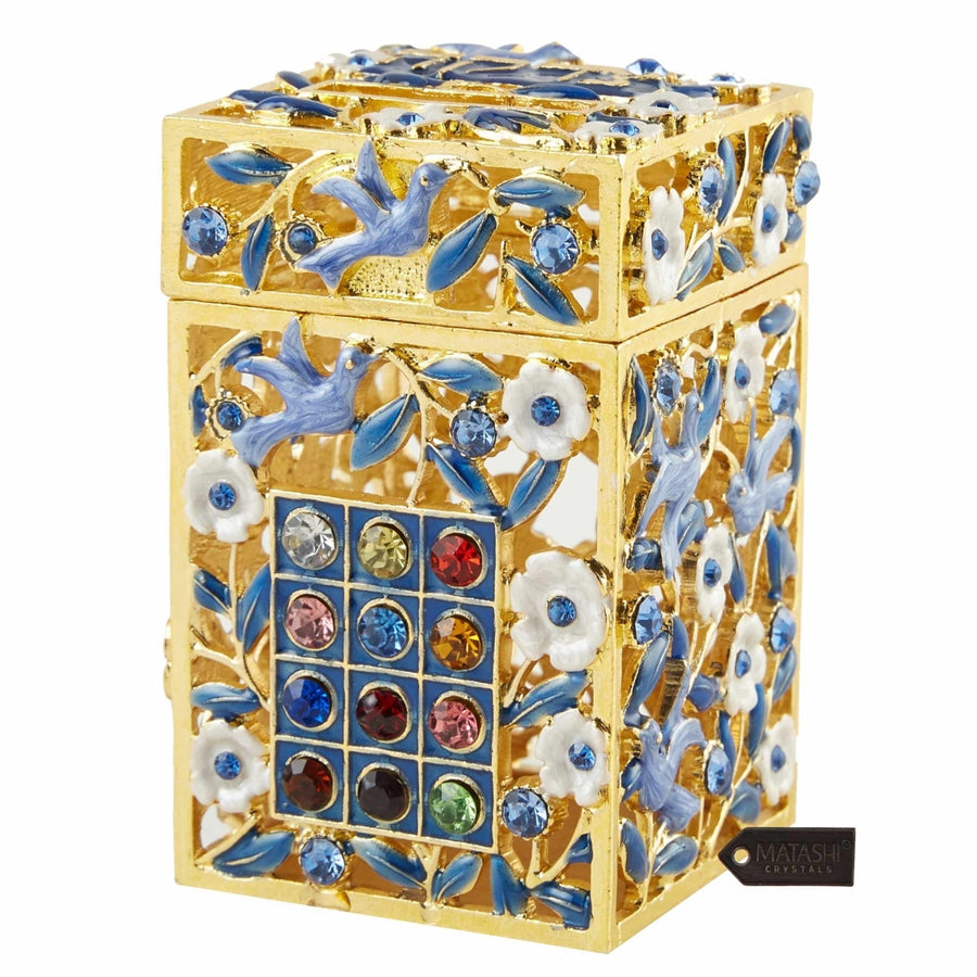 Matashi Hand-Painted Enamel Tzedakah Charity Box Keepsake Treasure Box w/ Crystals and Flower Dove Motif Design, Judaica Image 1