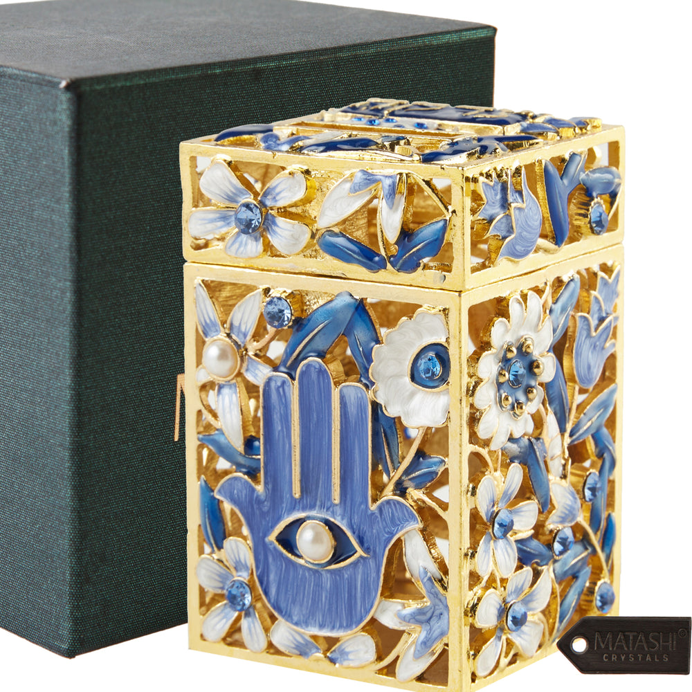 Matashi Hand-Painted Enamel Tzedakah Charity Box Keepsake Treasure Box w/ Crystals and Hamsa Protects Against Evil Eye Image 2