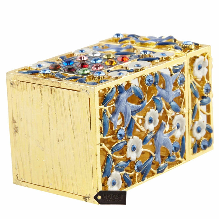 Matashi Hand-Painted Enamel Tzedakah Charity Box Keepsake Treasure Box w/ Crystals and Flower Dove Motif Design, Judaica Image 4