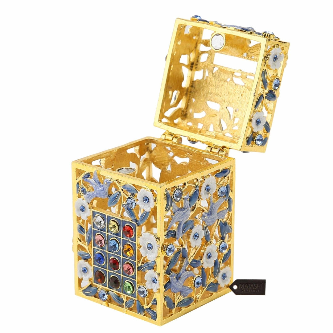 Matashi Hand-Painted Enamel Tzedakah Charity Box Keepsake Treasure Box w/ Crystals and Flower Dove Motif Design, Judaica Image 5