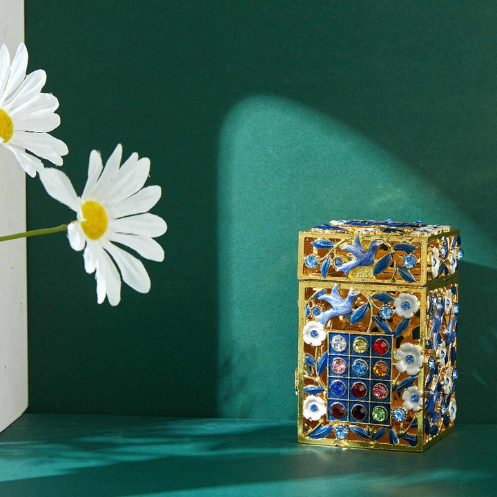 Matashi Hand-Painted Enamel Tzedakah Charity Box Keepsake Treasure Box w/ Crystals and Flower Dove Motif Design, Judaica Image 6