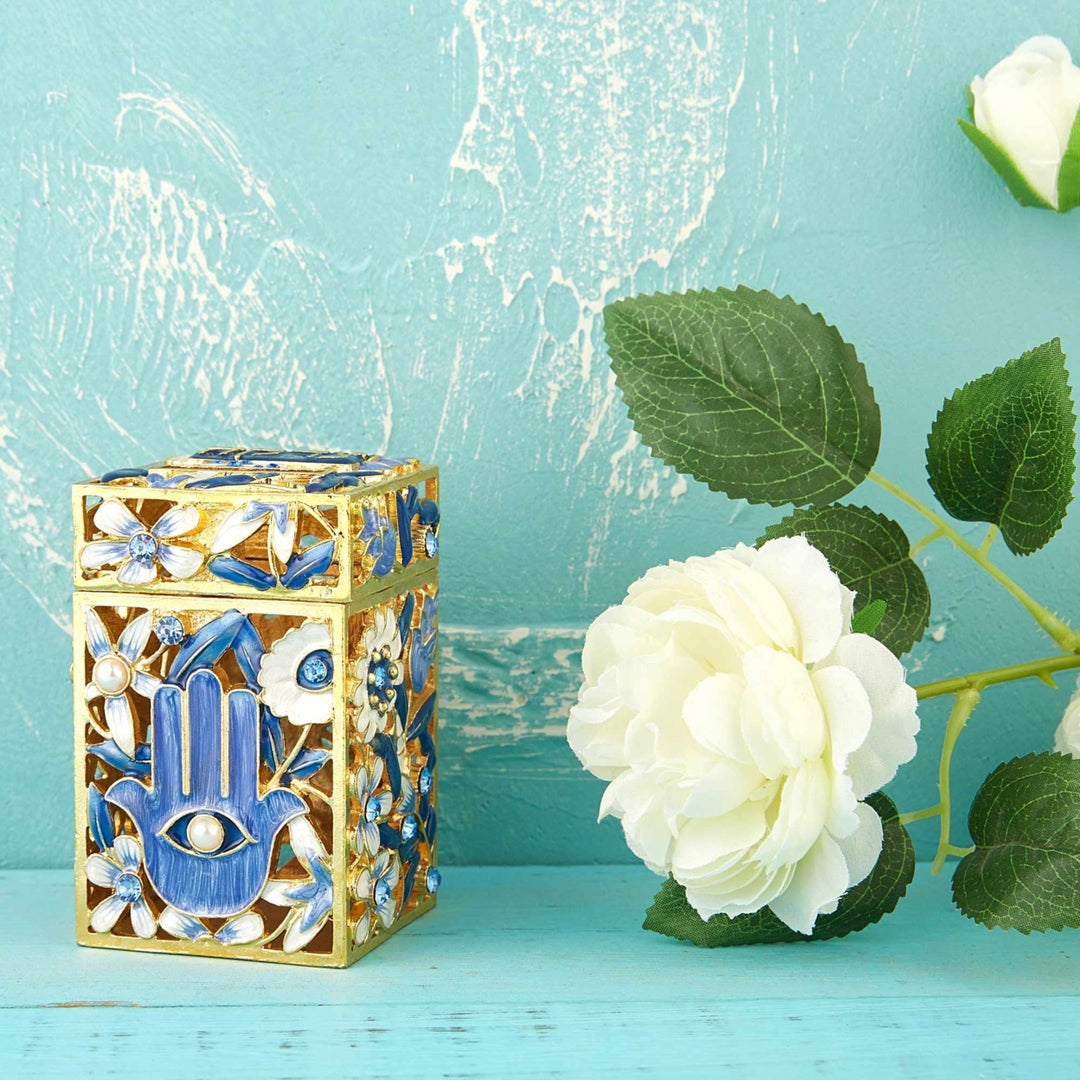 Matashi Hand-Painted Enamel Tzedakah Charity Box Keepsake Treasure Box w/ Crystals and Hamsa Protects Against Evil Eye Image 8