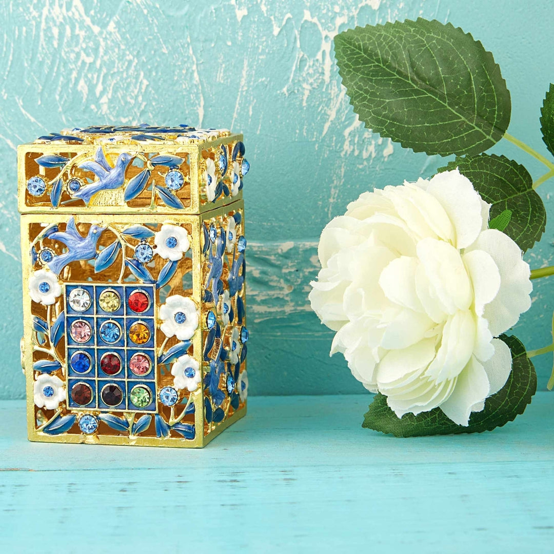 Matashi Hand-Painted Enamel Tzedakah Charity Box Keepsake Treasure Box w/ Crystals and Flower Dove Motif Design, Judaica Image 7