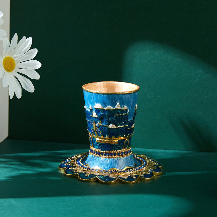 Matashi Hand-Painted Enamel Kiddush Cup Set w Tray w Crystals and Jerusalem Cityscape Design for Shabbat Goblet Judaica Image 5