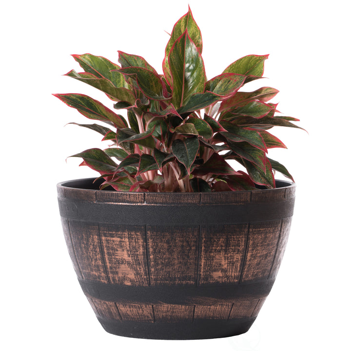 Brown Rustic Half Barrel Planter Bowl Large Medium Small Plastic Weather Resistant Image 1