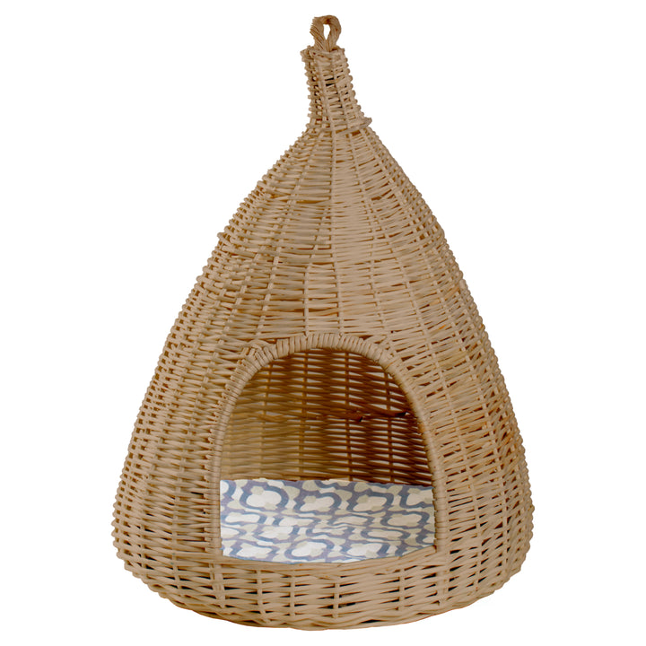 Natural Willow Pet Sleeping Bed Cave Basket with Cushion for Dogs Cats Small Size Image 1