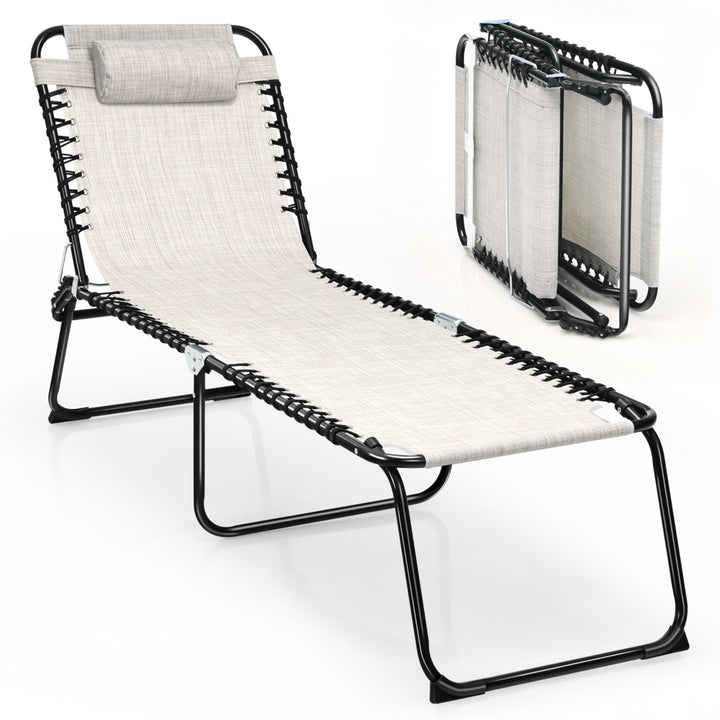 Folding Beach Lounger Chaise Lounge Chair w/ Pillow 4-Level Backrest Grey/Black Image 1