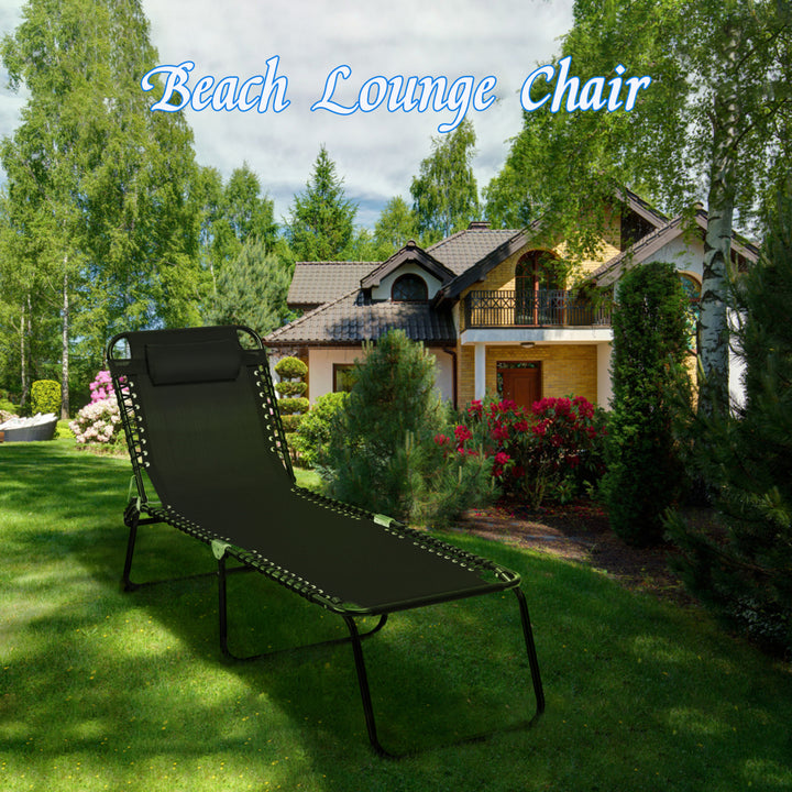 Folding Beach Lounger Chaise Lounge Chair w/ Pillow 4-Level Backrest Grey/Black Image 3