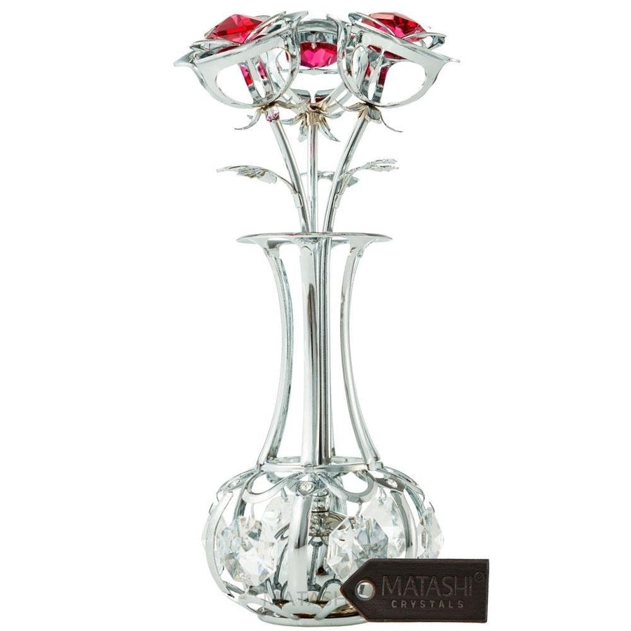 Matashi Chrome Plated Silver Flowers Bouquet and Vase w/ Red and Clear Crystals Chrome-Plated Table Top Decorations Image 1