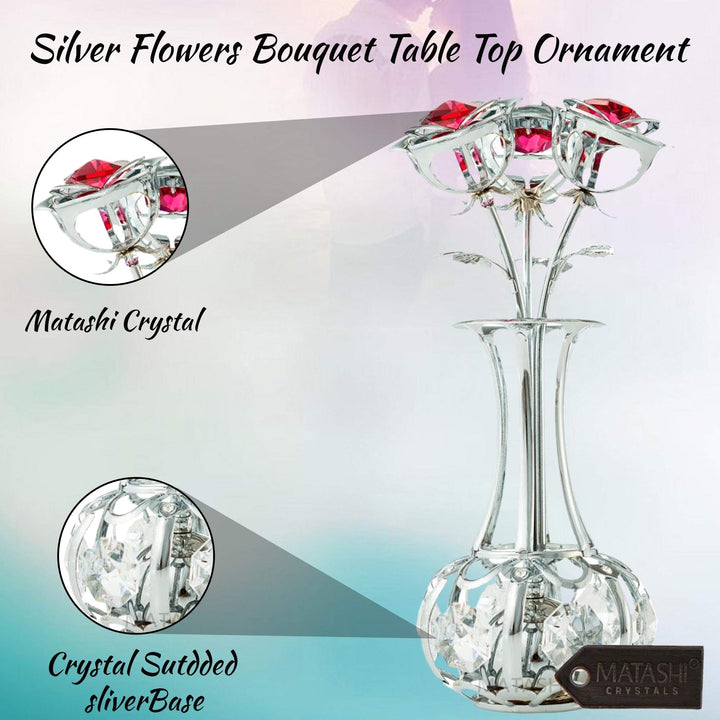 Matashi Chrome Plated Silver Flowers Bouquet and Vase w/ Red and Clear Crystals Chrome-Plated Table Top Decorations Image 5