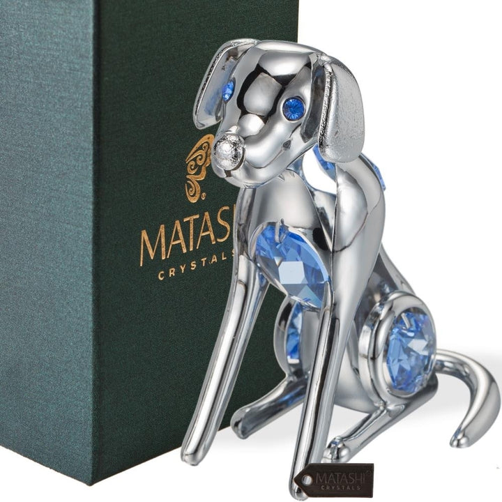 Matashi Chrome Plated Silver Dog with Blue Crystals Dog Holiday Gift for Christmas Birthday Year Gift for Dog Lovers, Image 1