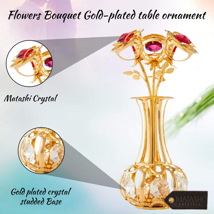 Matashi 24k Gold Plated Flowers Bouquet and Vase w/ Red and Clear Crystals 24k Gold-Plated Table Top Decorations, Image 5