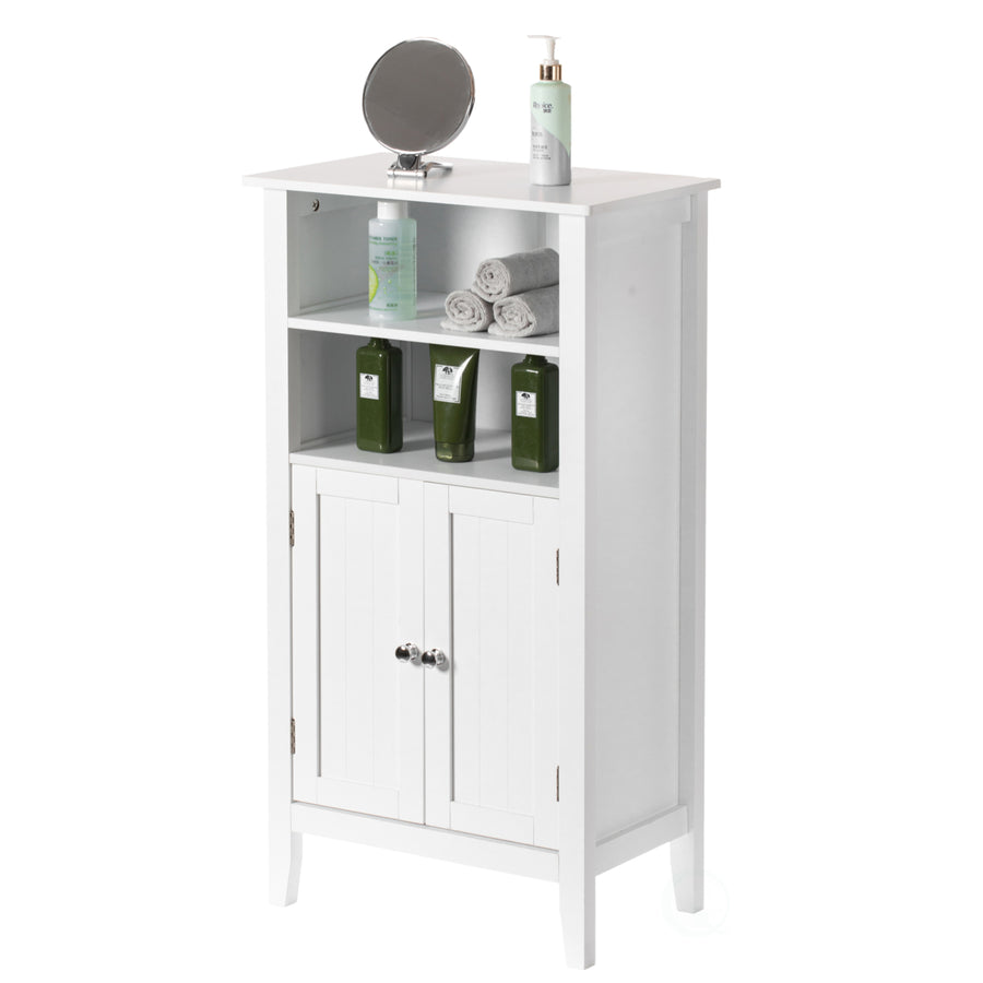 White Bathroom Storage Cabinet 2 Doors 2 Open Shelves 38in Freestanding Unit Image 1