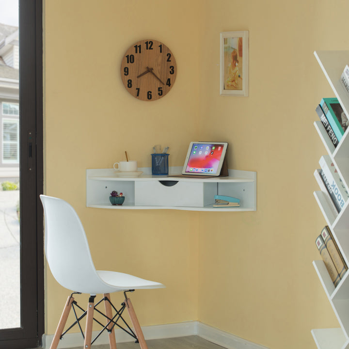 Corner Desk Heart Shaped Wall Mounted Office Table with Drawer and Two Shelves Computer Writing Desk Image 5