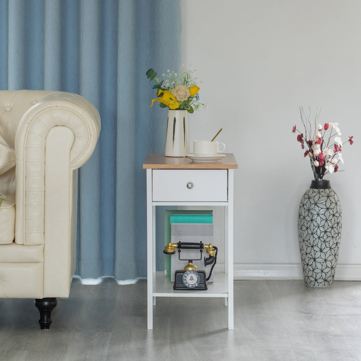 White Narrow Sofa Side Table with Wooden Drawer and Shelf for Living Room Bedroom Image 3