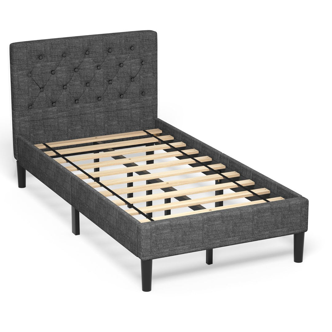 Twin Upholstered Bed Frame Diamond Stitched Headboard Wood Slat Support Image 1