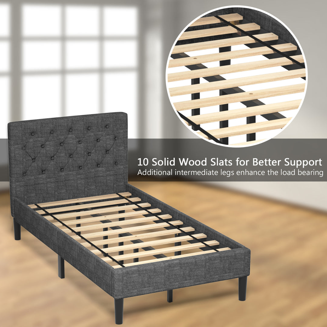 Twin Upholstered Bed Frame Diamond Stitched Headboard Wood Slat Support Image 6