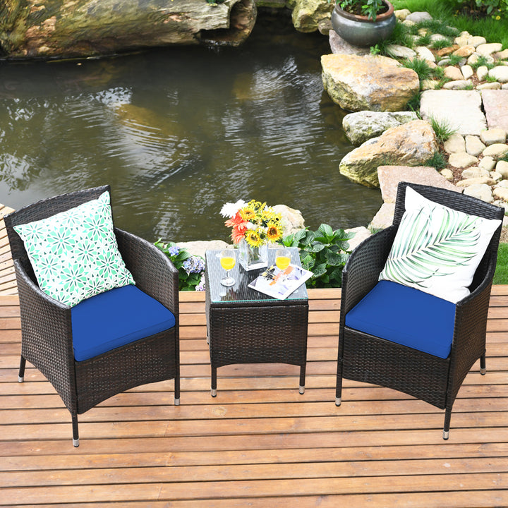 Gymax 3PCS Patio Rattan Chair and Table Furniture Set Outdoor w/ Navy Cushion Image 1