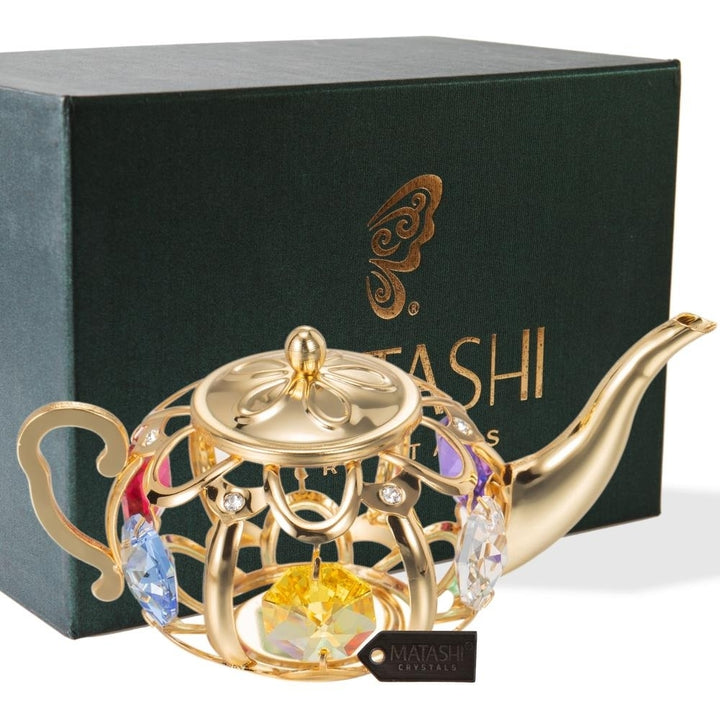 Matashi 24K Gold/Chrome Plated Teapot with Crystals Holiday Ornament Decor Gift for Christmas Birthday Valentines Day Image 1