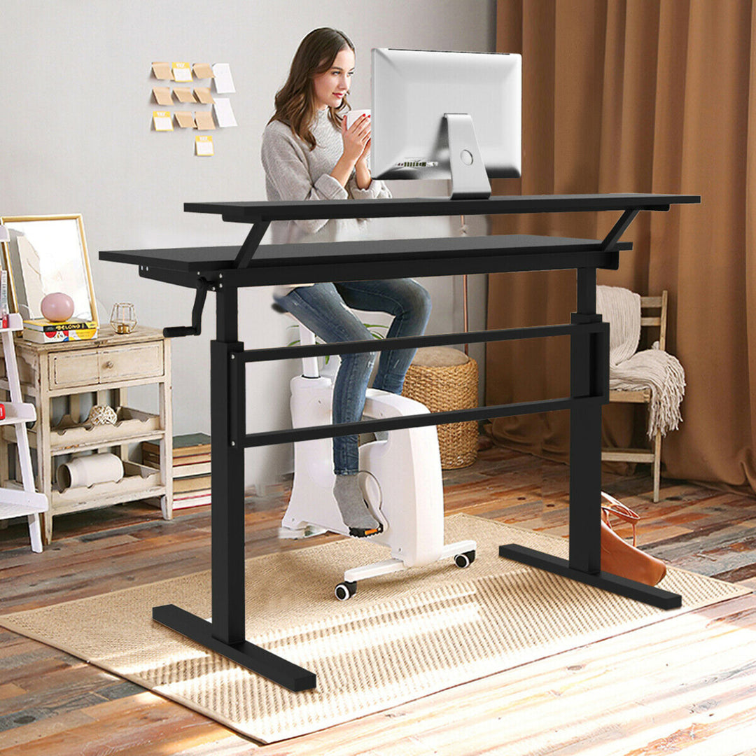 Standing Desk Crank Adjustable Sit to Stand Workstation with Monitor Shelf Image 3