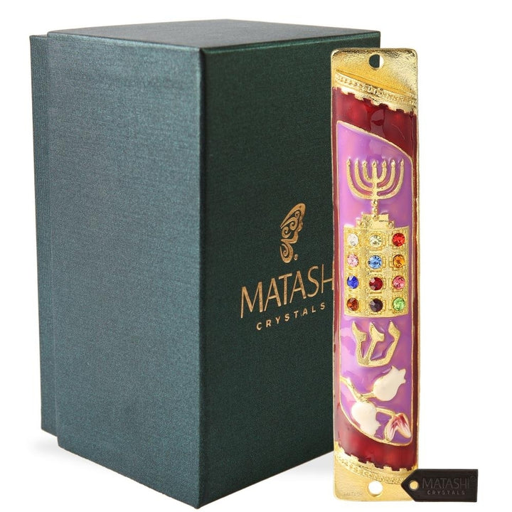 Matashi Hand Painted Enamel Mezuzah Embellished w/ a Menorah and Priestly with Gold Accents and Matashi Crystals Image 1