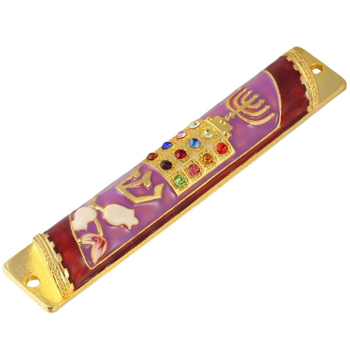 Matashi Hand Painted Enamel Mezuzah Embellished w/ a Menorah and Priestly with Gold Accents and Matashi Crystals Image 3