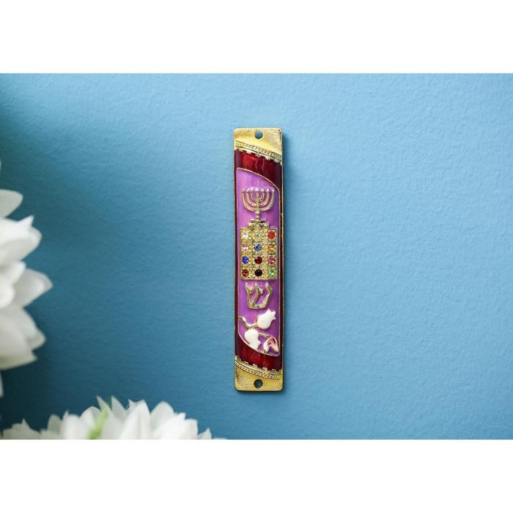 Matashi Hand Painted Enamel Mezuzah Embellished w/ a Menorah and Priestly with Gold Accents and Matashi Crystals Image 4