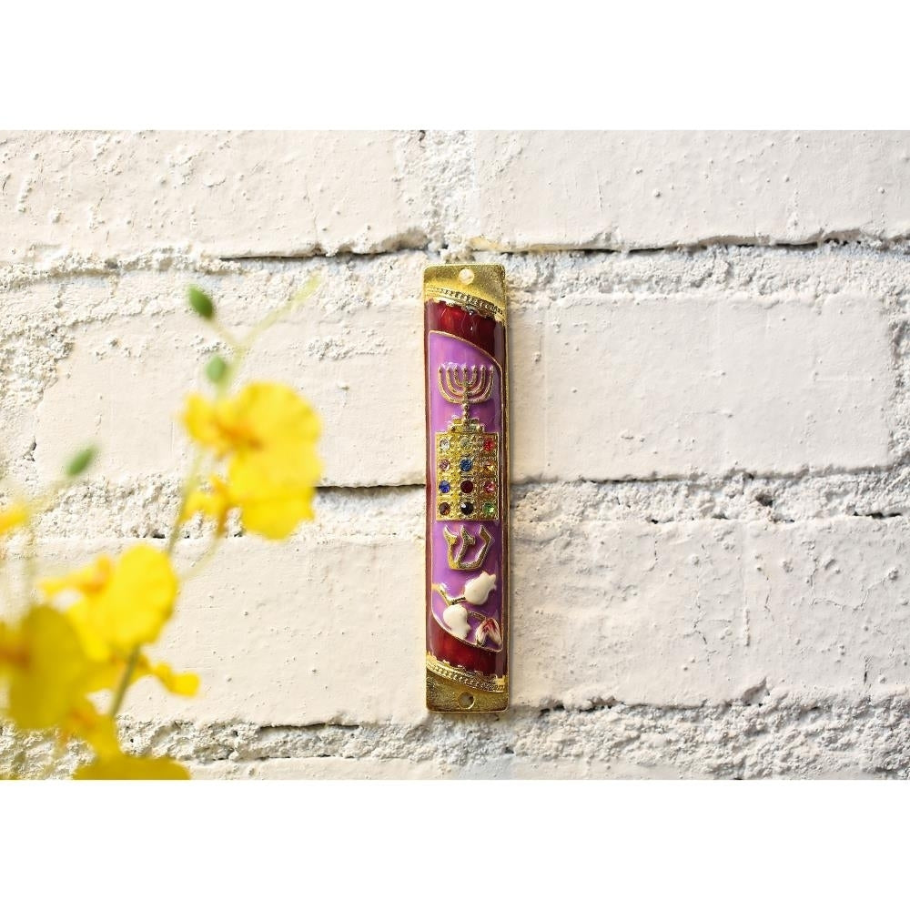 Matashi Hand Painted Enamel Mezuzah Embellished w/ a Menorah and Priestly with Gold Accents and Matashi Crystals Image 5