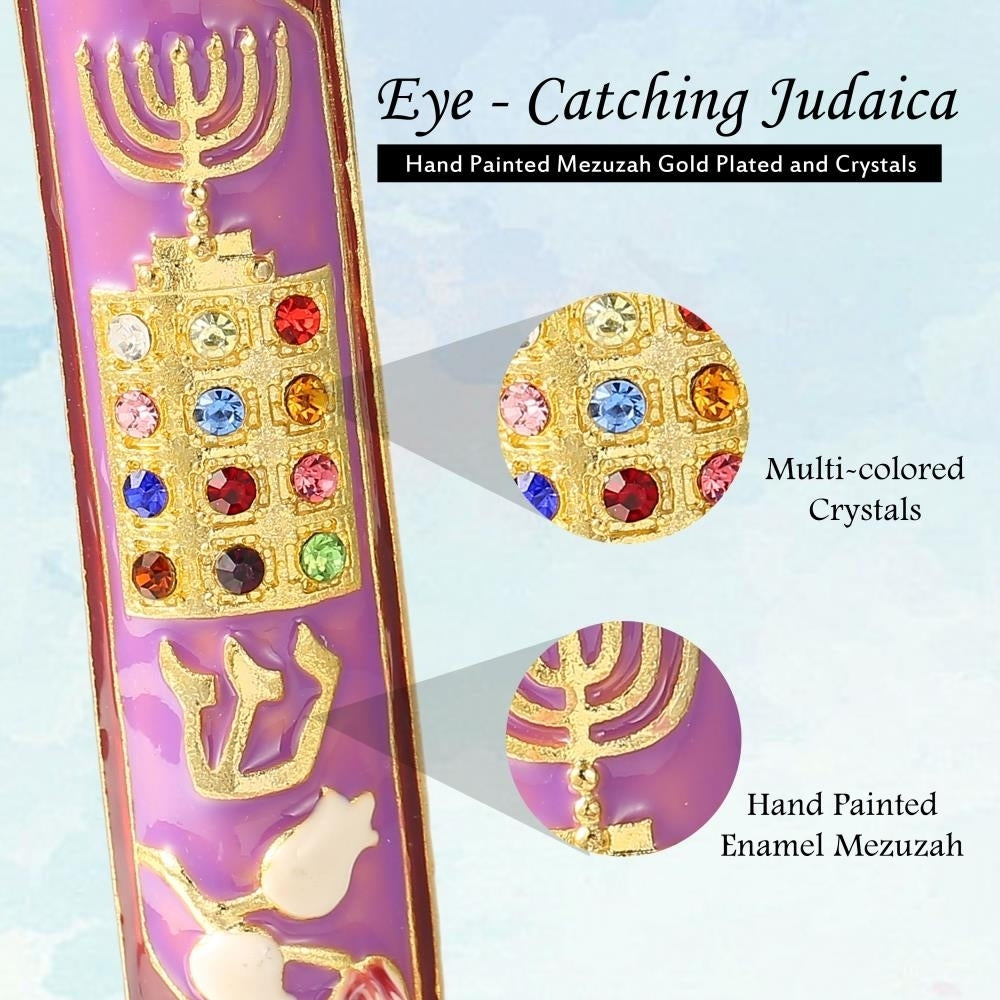 Matashi Hand Painted Enamel Mezuzah Embellished w/ a Menorah and Priestly with Gold Accents and Matashi Crystals Image 6